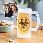 Chope de bière personnalisée avec deux visages et logo