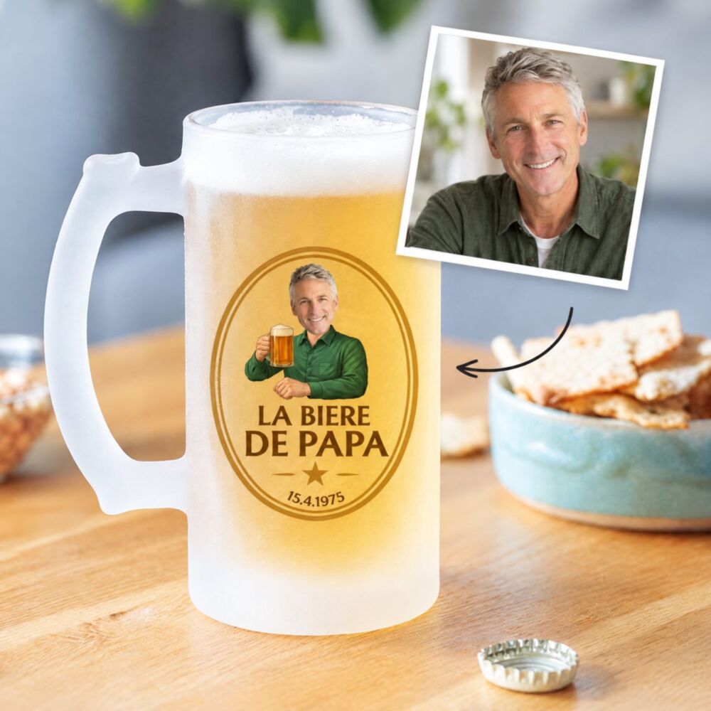 Chope de bière personnalisée avec logo et visage