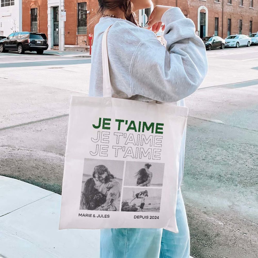 Tote bag personnalisé avec photos et texte en noir et blanc