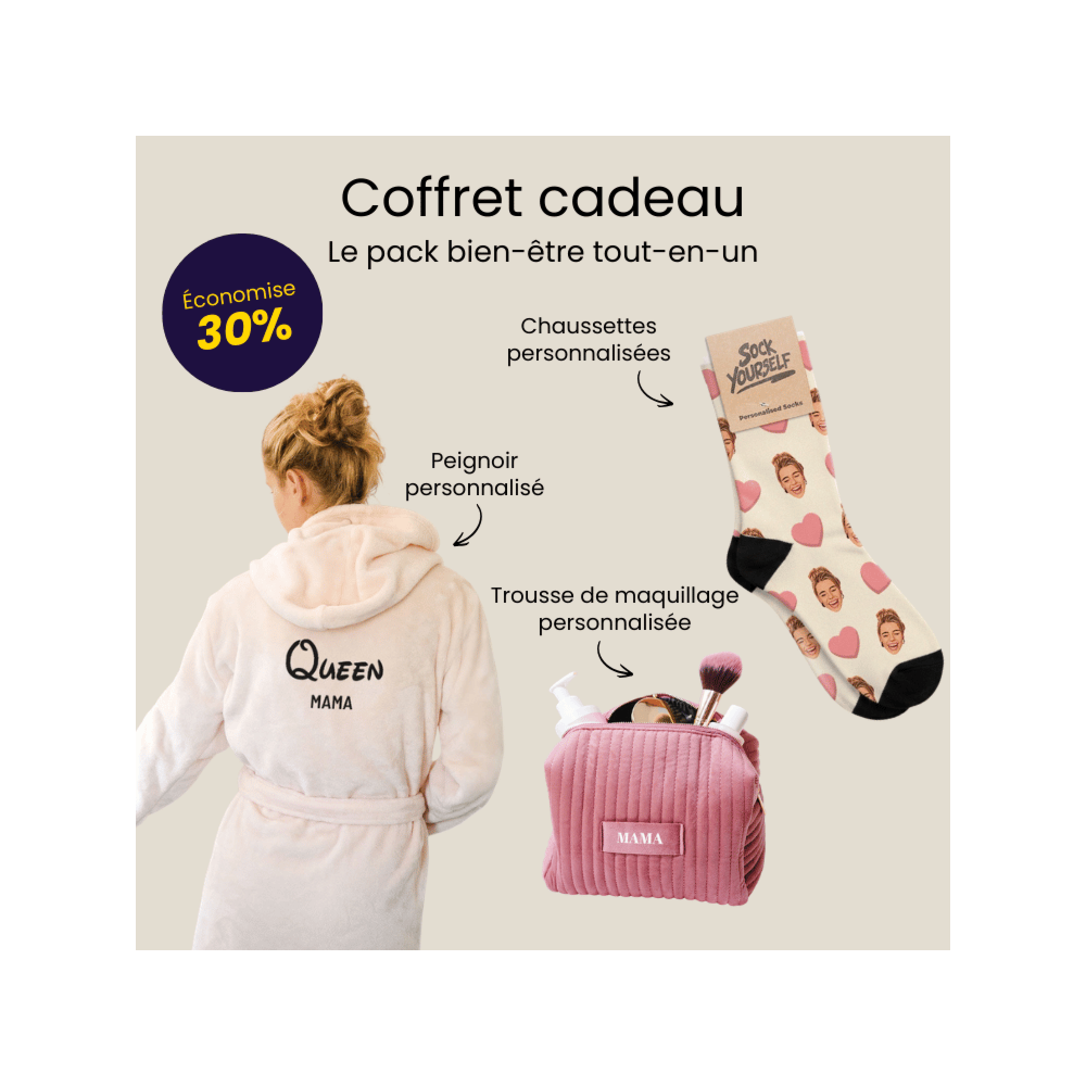 Coffret cadeau trousse de toilette, peignoir et chaussettes