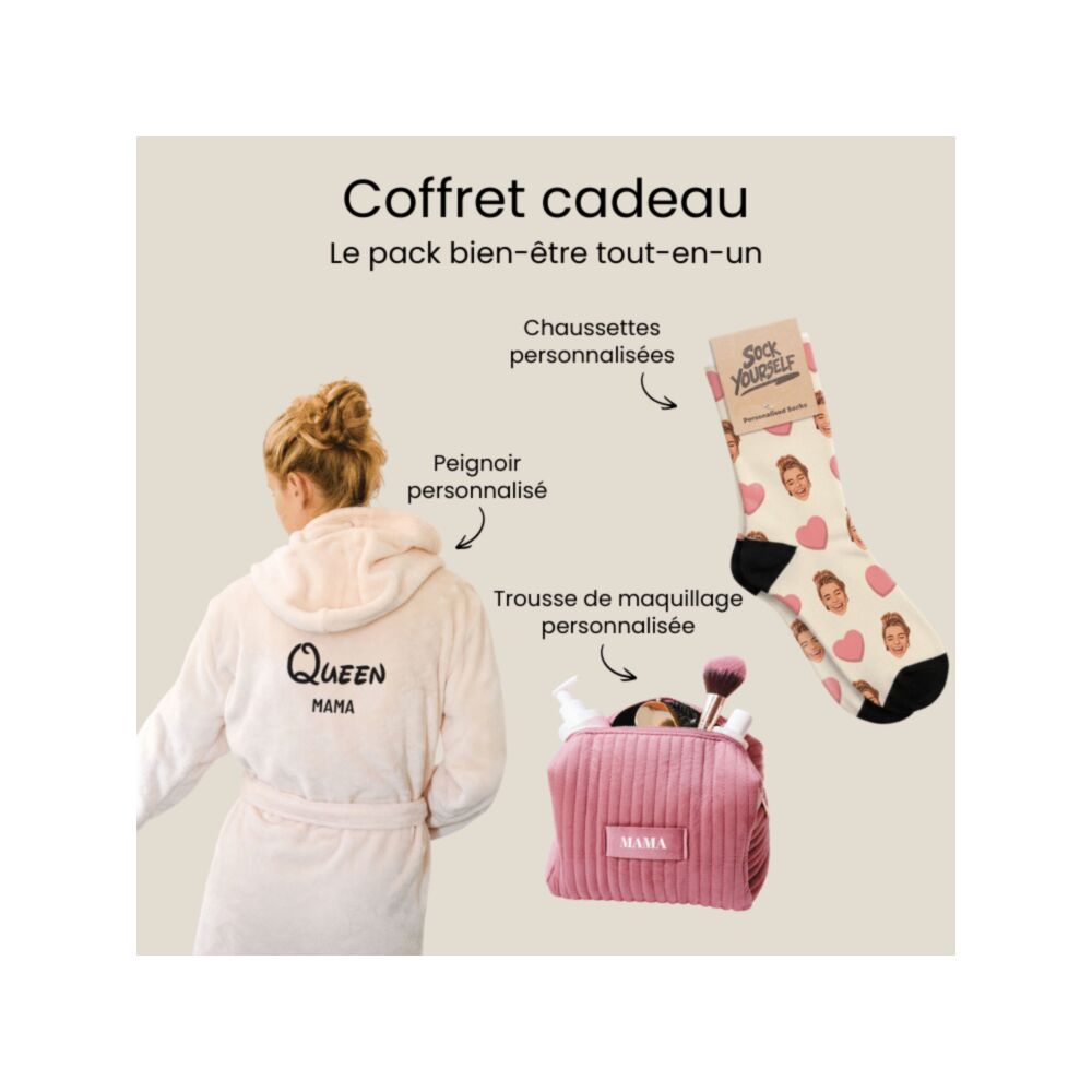 Coffret cadeau trousse de toilette, peignoir et chaussettes