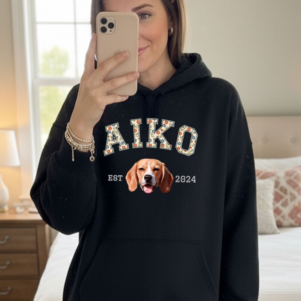 Sweat à capuche personnalisé avec photo d'animal, prénom et année – Style Université