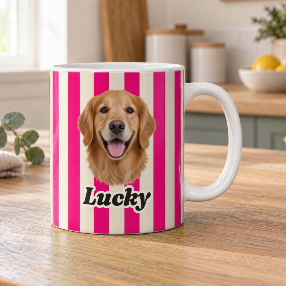 Mug personnalisé avec ton animal et motifs: golden retriever « Lucky » sur rayures roses