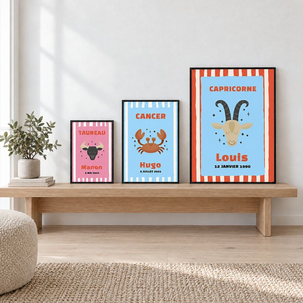 Poster signe astrologique personnalisé avec prénom et date – Design Cirque