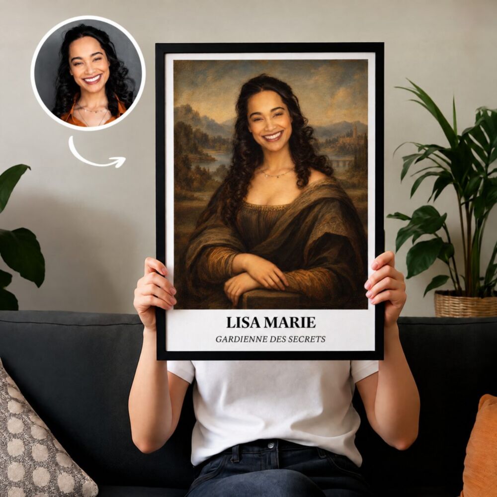 Poster tableau personnalisé – portrait façon Mona Lisa avec photo d’origine