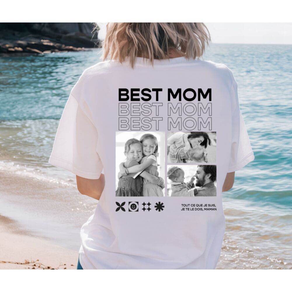T-shirt personnalisé pour maman avec photos en noir et blanc et texte