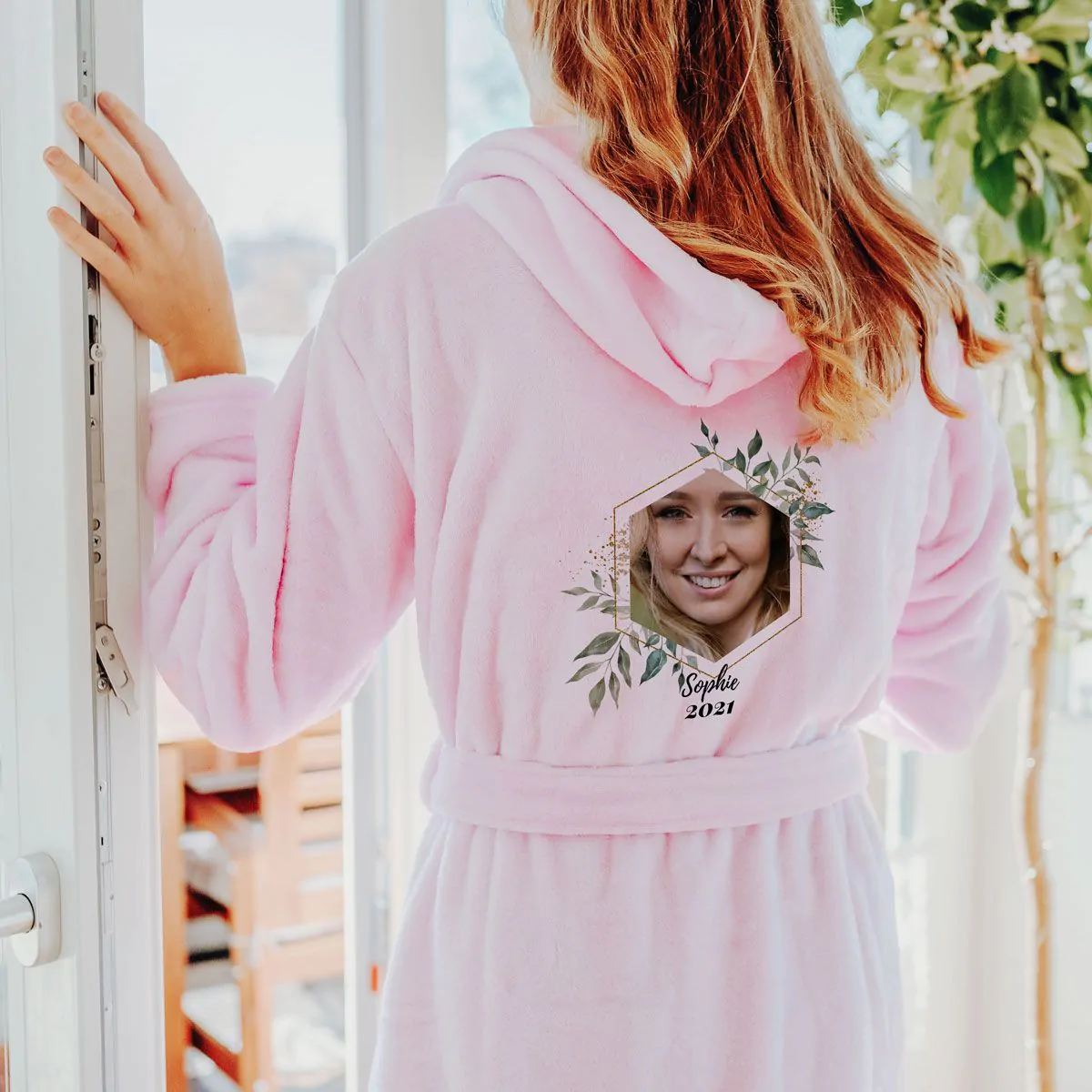 Peignoir personnalise avec photo et texte motif feuilles CadeauxFolies
