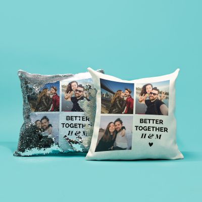 Housse de coussin personnalisée avec 3 images et texte Housse de coussin personnalisée avec 3 images et texte