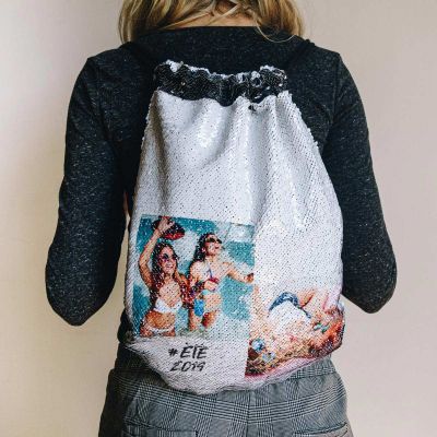 Sac de gym en sequin personnalisable avec 2 images et texte Sac de gym en sequin personnalisable avec 2 images et texte