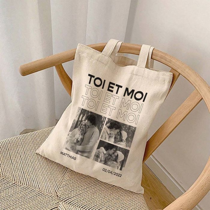 Tote bag personnalisé avec photos et texte en noir et blanc
