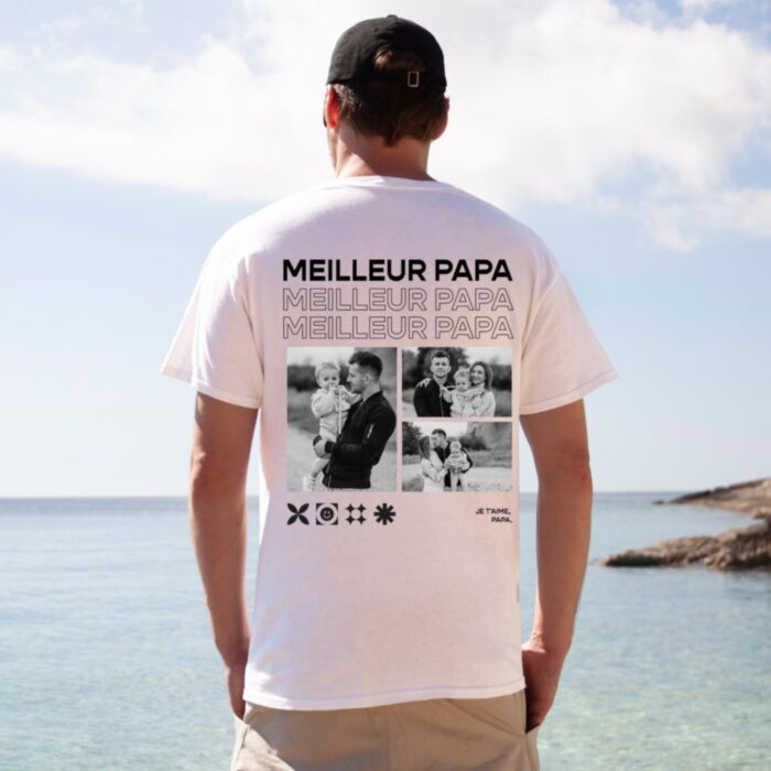 T-shirt personnalisable pour Papa avec photos en noir et blanc et texte