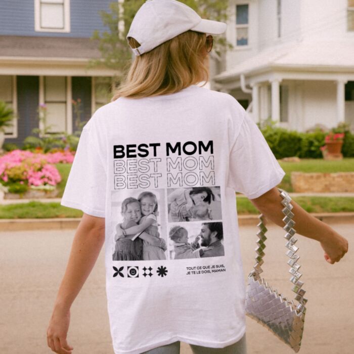 T-shirt personnalisé pour maman avec photos en noir et blanc et texte