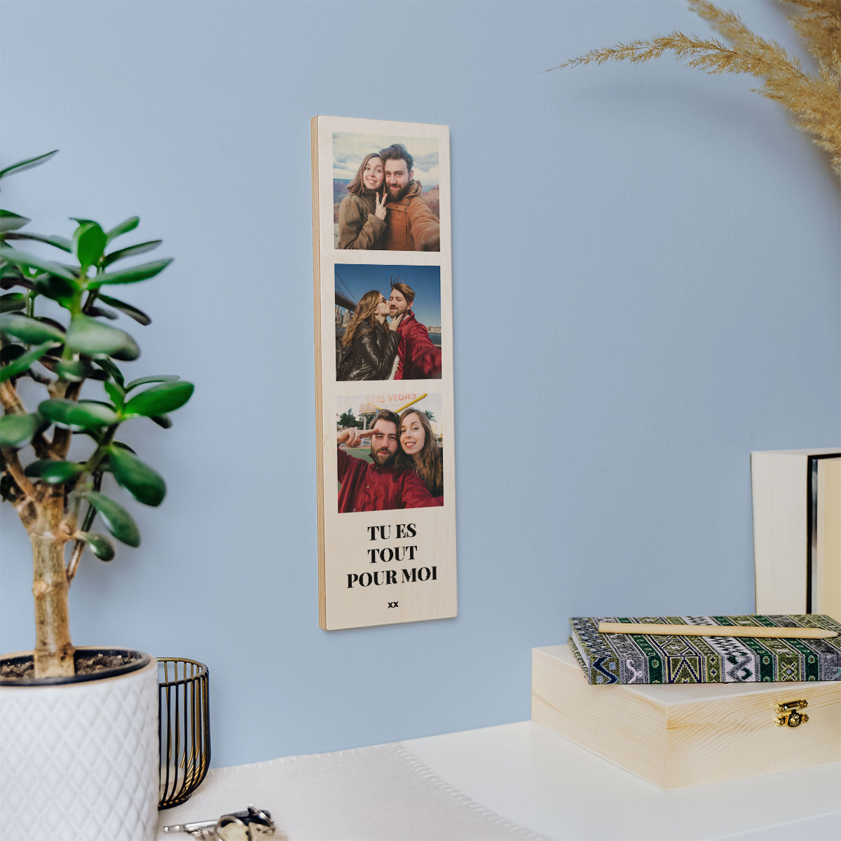 Photo sur bois personnalisée verticale avec 3 photos et texte
