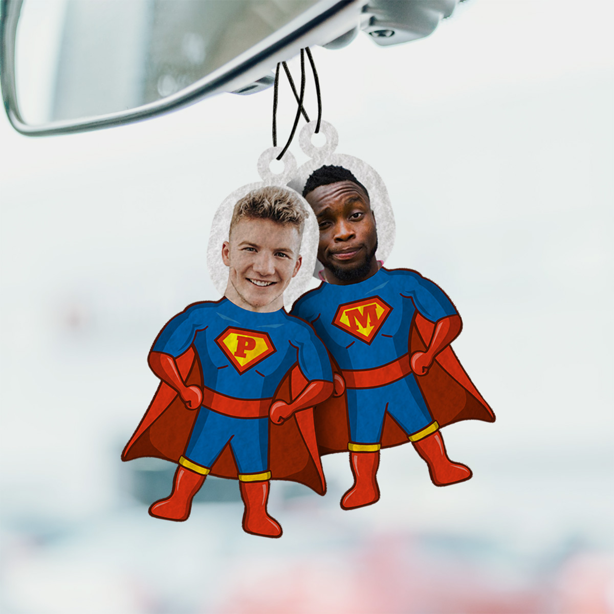 Désodorisant voiture personnalisé Superhéros avec visage - Lot de 2