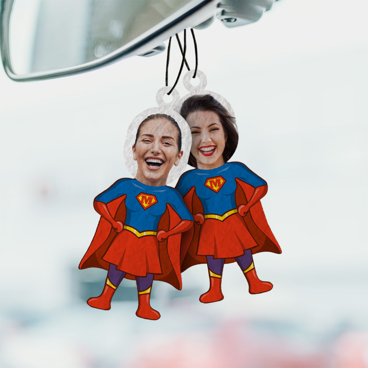 Désodorisant voiture personnalisé Superhéroïne avec visage - Lot de 2
