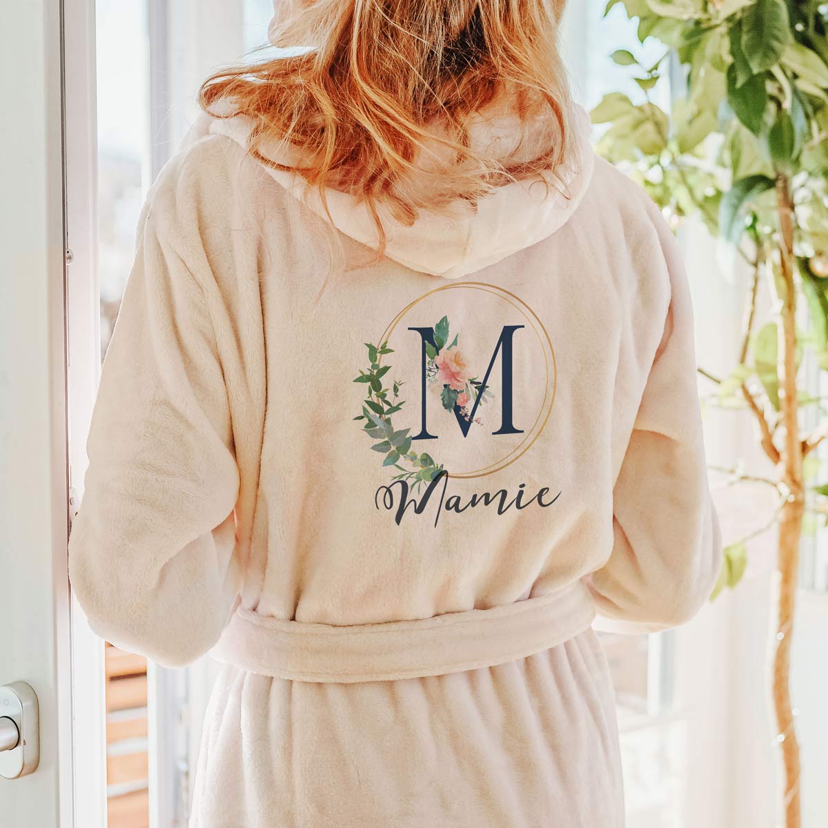 cadeau mamie Peignoir personnalisé Motif Floral avec Monogramme et Texte