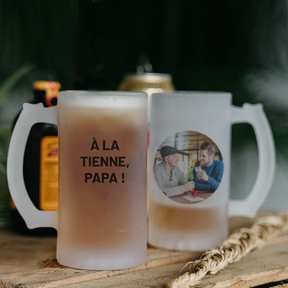 Chope de bière personnalisée avec photo et texte cadeau papa Chope de bière personnalisable avec photo et texte