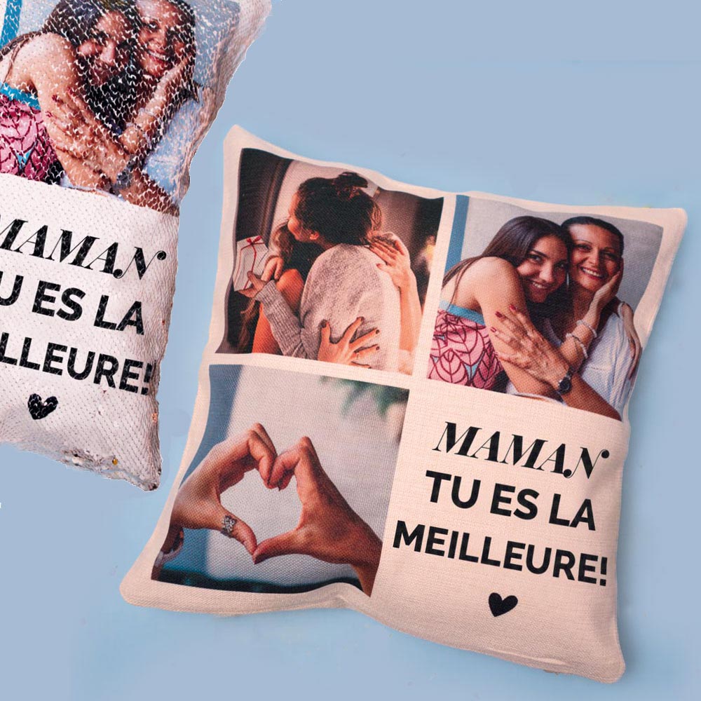 cadeau maman Housse de coussin personnalisée avec 3 photos et texte