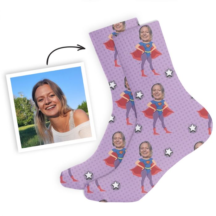 cadeau femme Chaussettes personnalisées visage motif super-héros